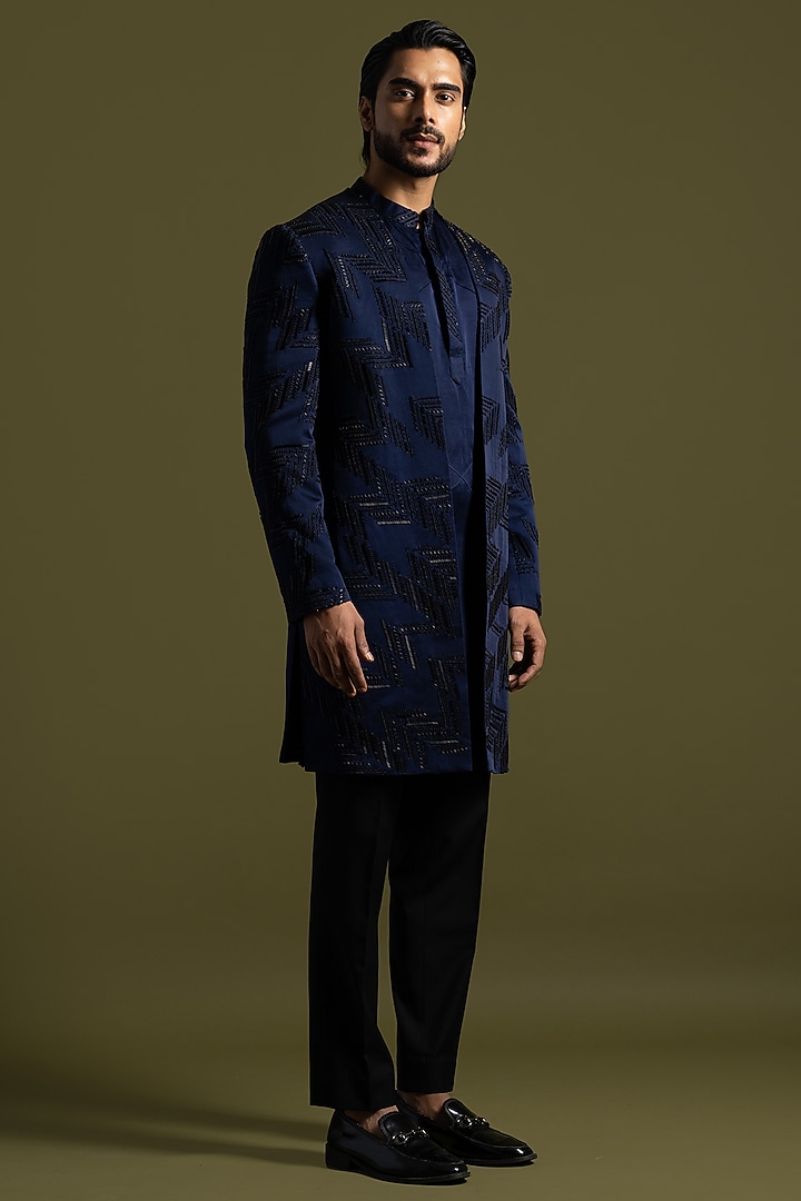 Navy Blue Linen Satin Thread & Cutdana Embroidered Achkan Set by PAARSH at Pernia's Pop Up Shop