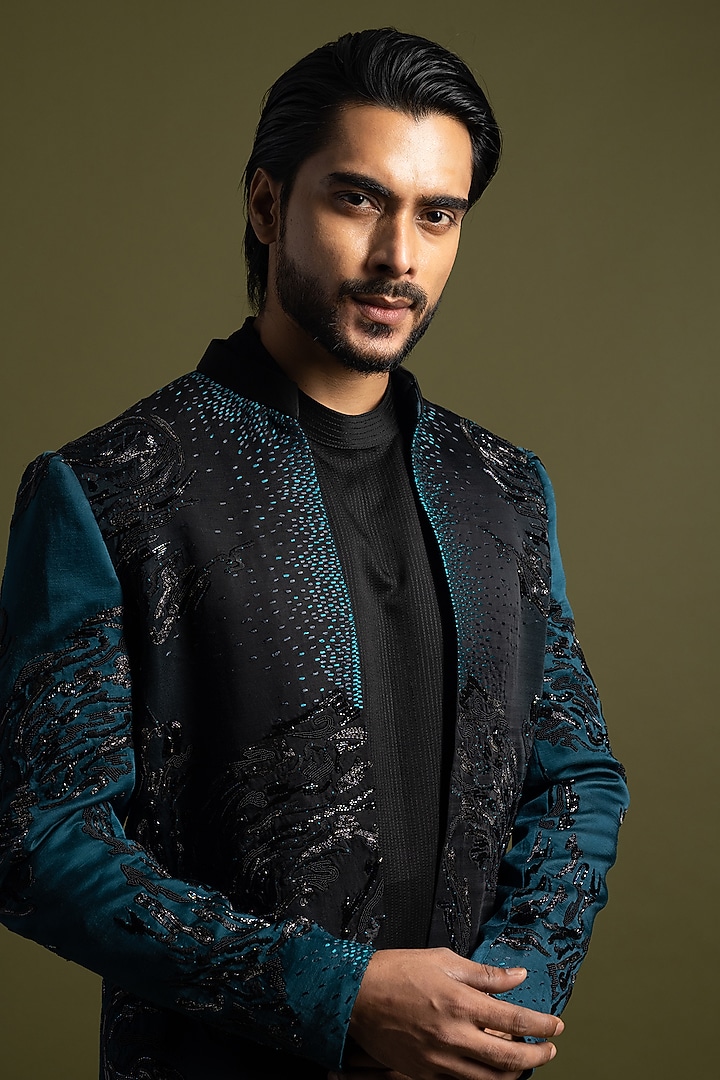 Teal to Black Shaded Linen Satin Thread & Cutdana Embroidered Achkan Set by PAARSH at Pernia's Pop Up Shop