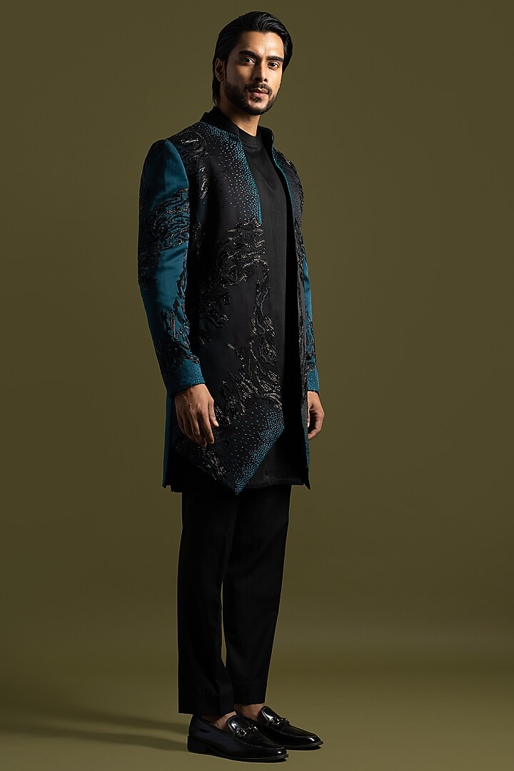 Teal to Black Shaded Linen Satin Thread & Cutdana Embroidered Achkan Set by PAARSH at Pernia's Pop Up Shop