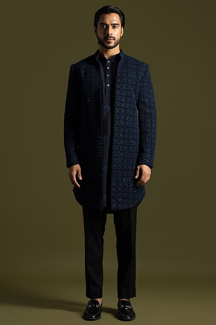 Blue Suiting Cutdana Embroidered Achkan Set by PAARSH at Pernia's Pop Up Shop