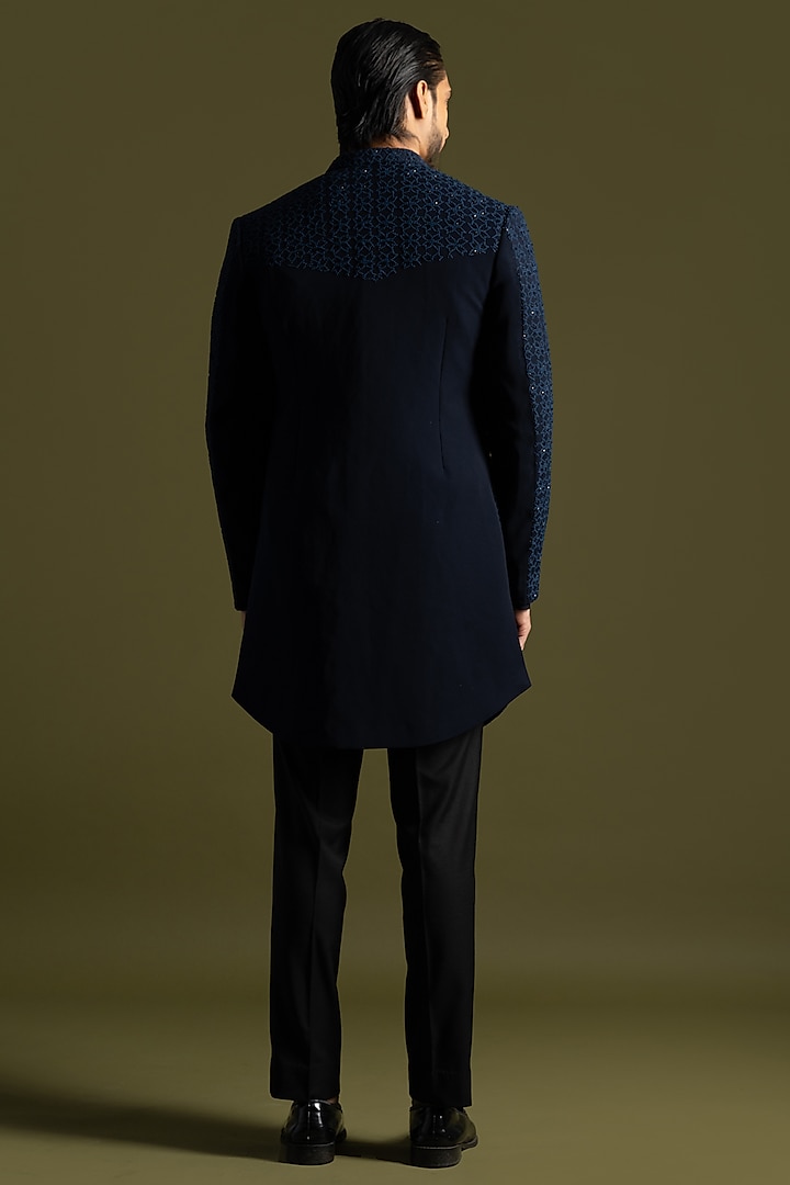 Blue Suiting Cutdana Embroidered Achkan Set by PAARSH at Pernia's Pop Up Shop