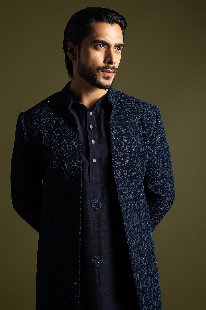 Blue Suiting Cutdana Embroidered Achkan Set by PAARSH at Pernia's Pop Up Shop