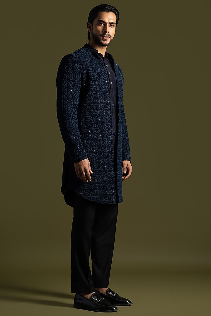 Blue Suiting Cutdana Embroidered Achkan Set by PAARSH at Pernia's Pop Up Shop