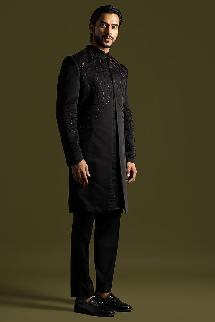 Black Linen Satin Thread & Cutdana Embroidered Achkan Set by PAARSH at Pernia's Pop Up Shop