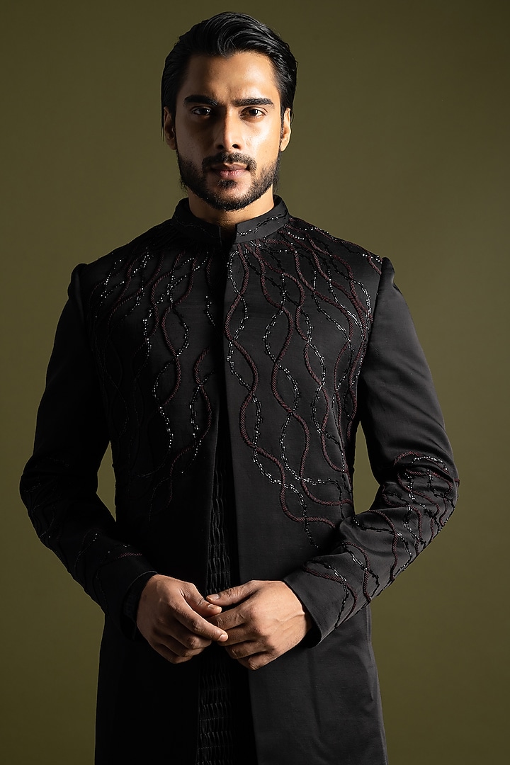 Black Linen Satin Thread & Cutdana Embroidered Achkan Set by PAARSH at Pernia's Pop Up Shop