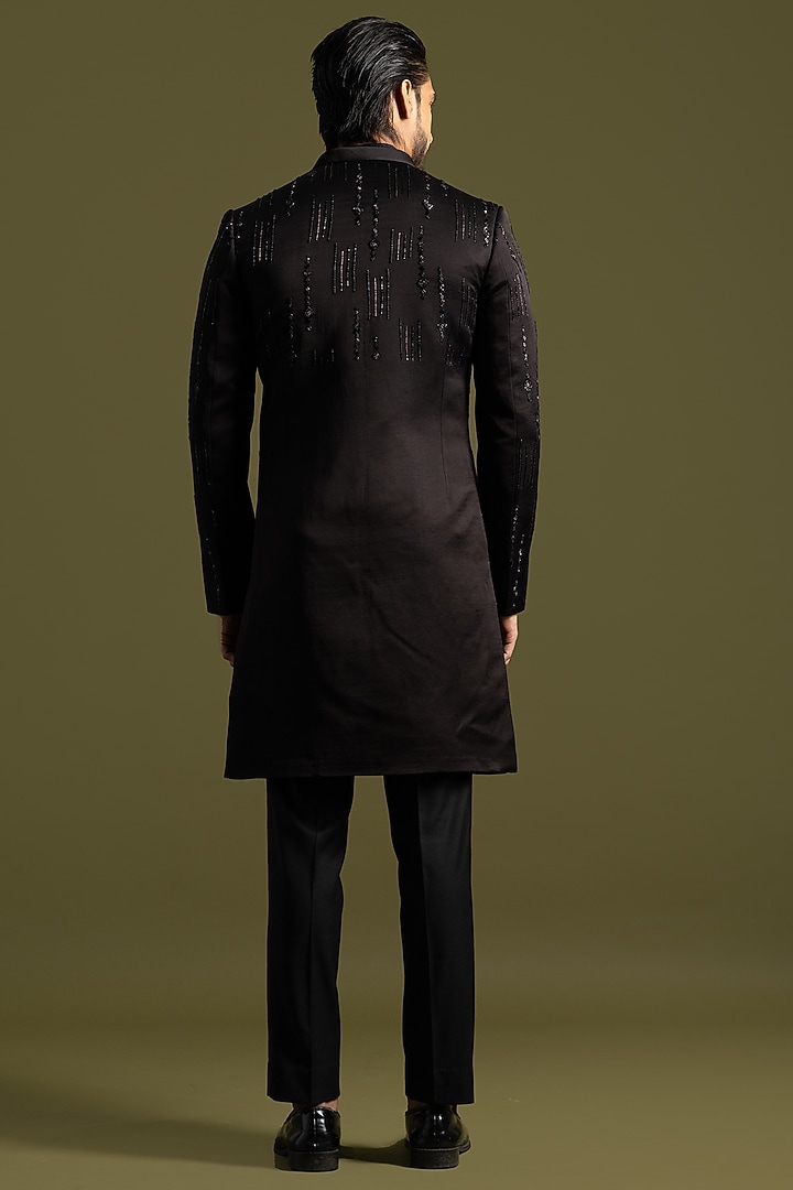 Black Linen Satin Cutdana Embroidered Achkan Set by PAARSH at Pernia's Pop Up Shop