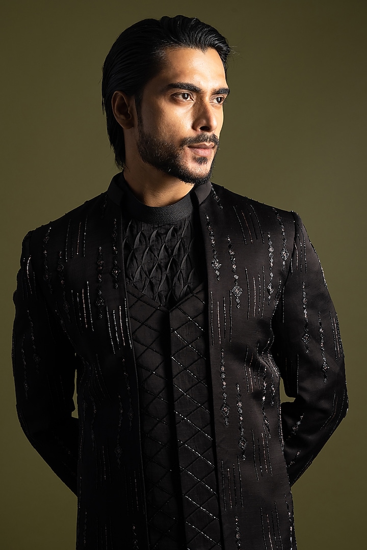 Black Linen Satin Cutdana Embroidered Achkan Set by PAARSH at Pernia's Pop Up Shop