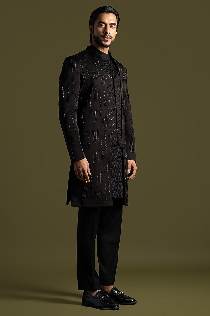Black Linen Satin Cutdana Embroidered Achkan Set by PAARSH at Pernia's Pop Up Shop