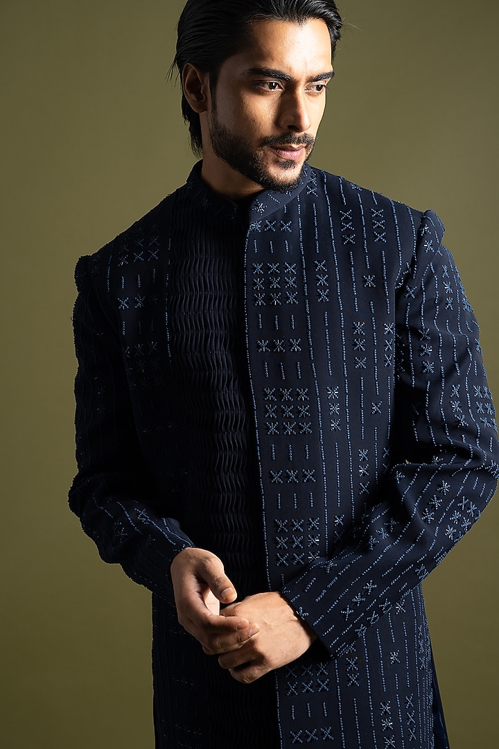 Blue Suiting Cutdana Embroidered Achkan Set by PAARSH at Pernia's Pop Up Shop