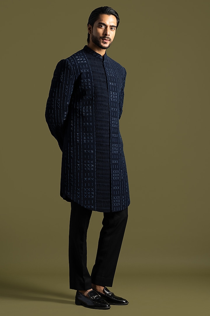 Blue Suiting Cutdana Embroidered Achkan Set by PAARSH at Pernia's Pop Up Shop