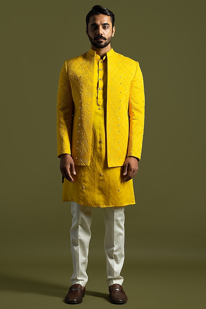 Yellow Linen Satin Thread & Mirror Embroidered Open Jacket Set by PAARSH