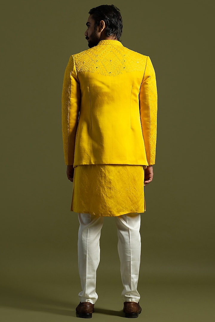 Yellow Linen Satin Thread & Mirror Embroidered Open Jacket Set by PAARSH at Pernia's Pop Up Shop