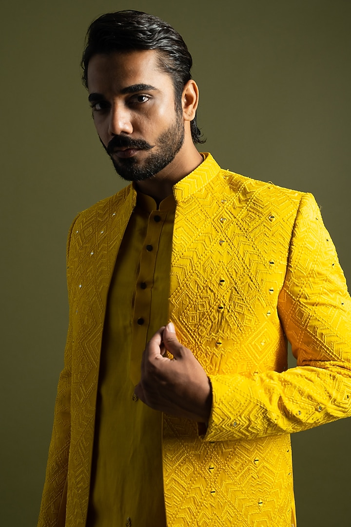 Yellow Linen Satin Thread & Mirror Embroidered Open Jacket Set by PAARSH at Pernia's Pop Up Shop