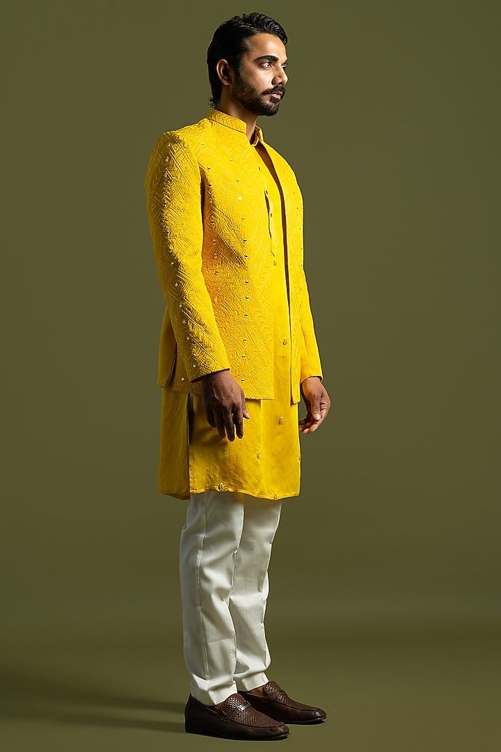 Yellow Linen Satin Thread & Mirror Embroidered Open Jacket Set by PAARSH at Pernia's Pop Up Shop