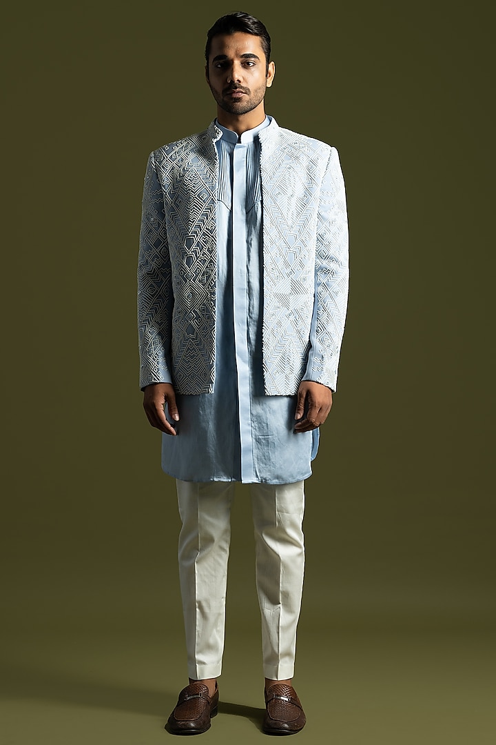 Ice Blue Suiting Embroidered Open Jacket Set by PAARSH