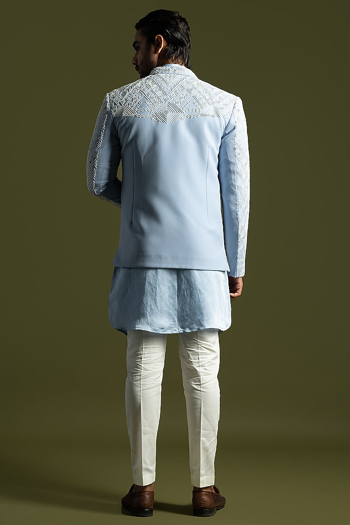 Ice Blue Suiting Embroidered Open Jacket Set by PAARSH at Pernia's Pop Up Shop
