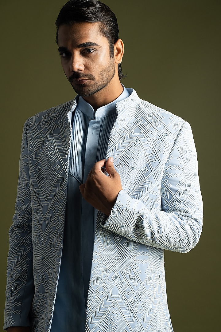 Ice Blue Suiting Embroidered Open Jacket Set by PAARSH at Pernia's Pop Up Shop
