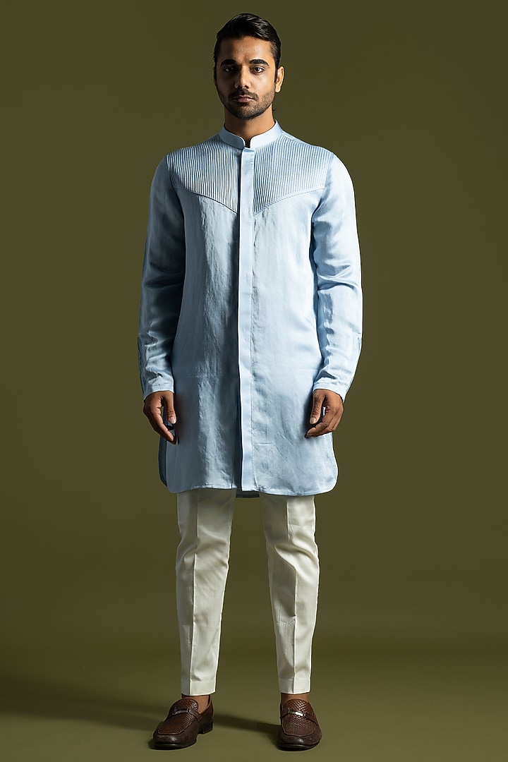 Ice Blue Suiting Embroidered Open Jacket Set by PAARSH at Pernia's Pop Up Shop