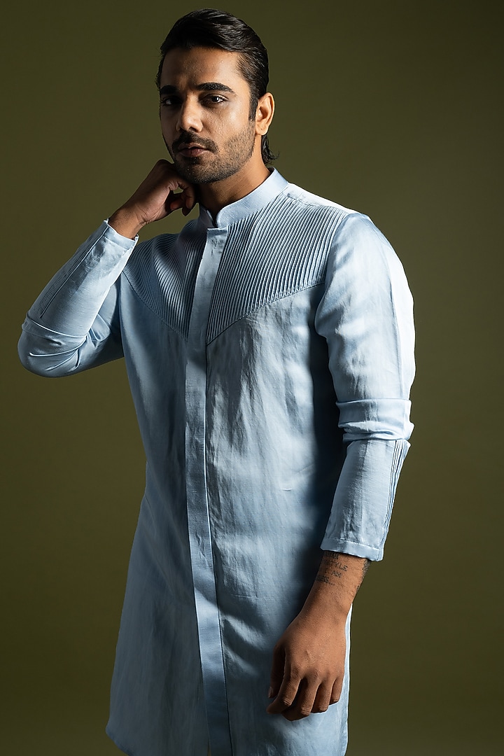 Ice Blue Suiting Embroidered Open Jacket Set by PAARSH at Pernia's Pop Up Shop