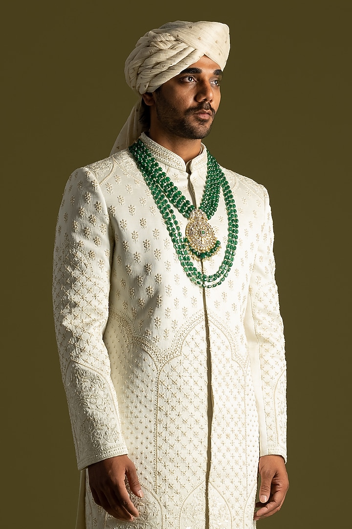 Ivory Linen Satin Thread & Cutdana Embroidered Groom Sherwani Set by PAARSH at Pernia's Pop Up Shop