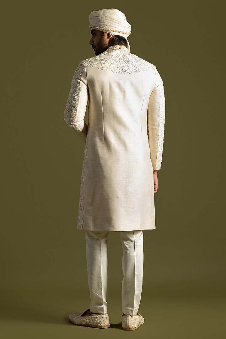 Cream Bemberg Silk Thread Embroidered Groom Sherwani Set by PAARSH at Pernia's Pop Up Shop