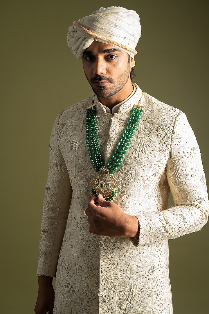 Cream Bemberg Silk Thread Embroidered Groom Sherwani Set by PAARSH at Pernia's Pop Up Shop