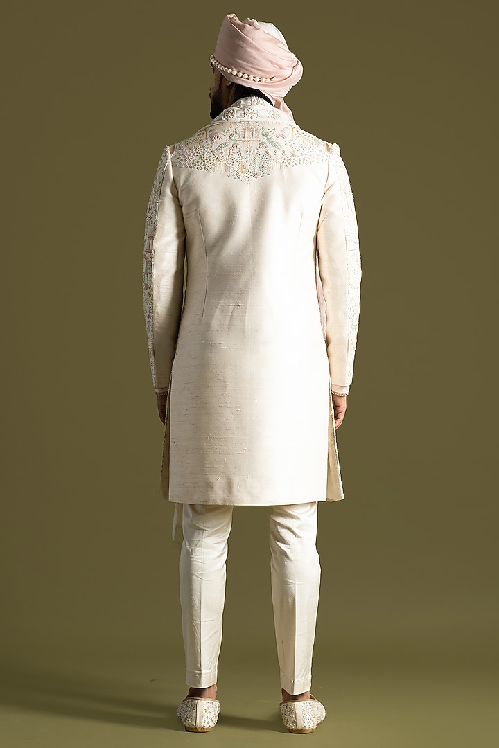 Cream Raw Silk Thread Embroidered Groom Sherwani Set by PAARSH at Pernia's Pop Up Shop