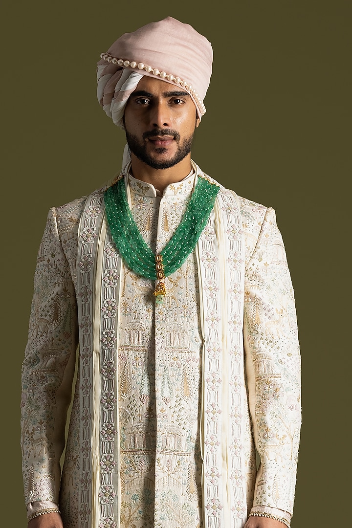 Cream Raw Silk Thread Embroidered Groom Sherwani Set by PAARSH at Pernia's Pop Up Shop