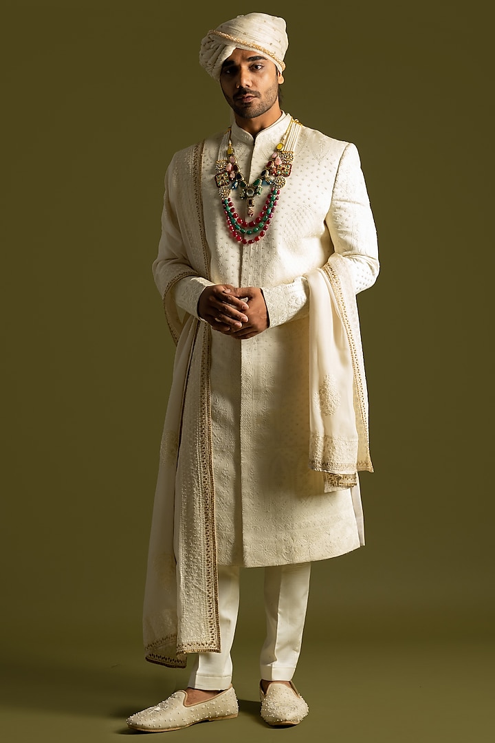 Ivory Linen Satin Thread Embroidered Sherwani Set by PAARSH
