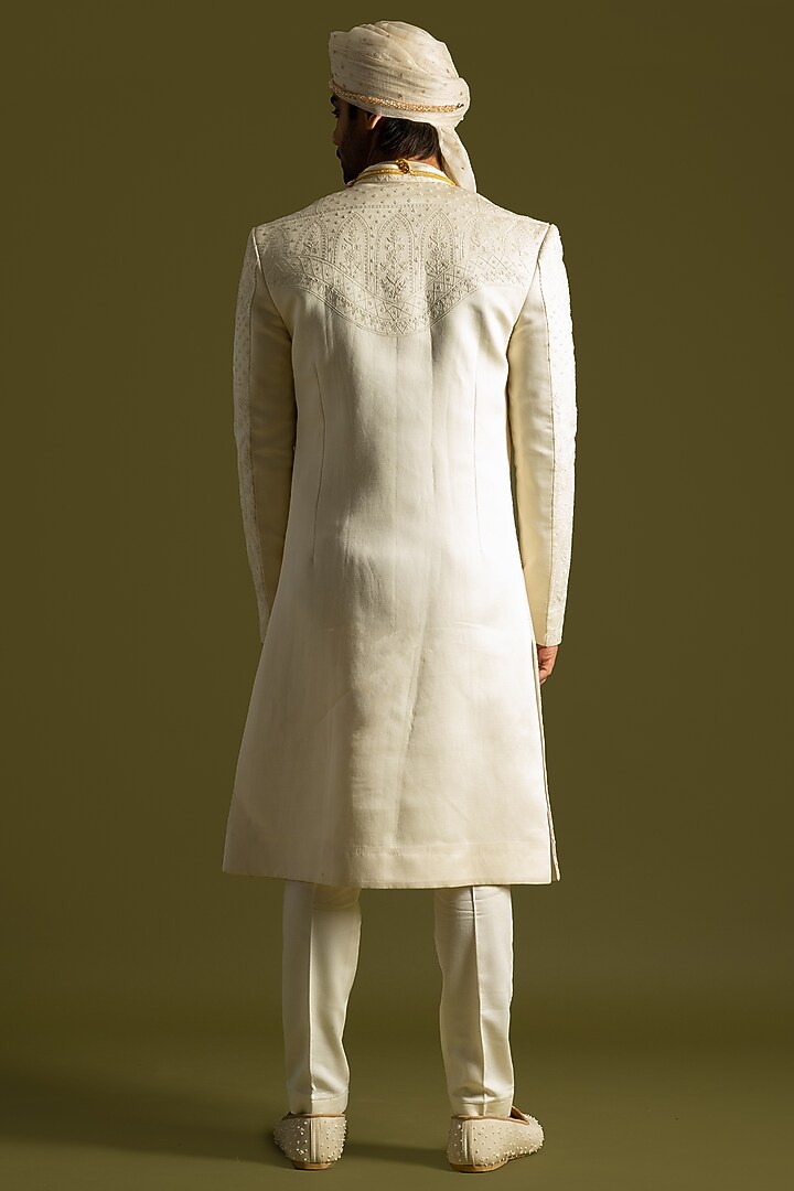 Ivory Linen Satin Thread Embroidered Groom Sherwani Set by PAARSH at Pernia's Pop Up Shop