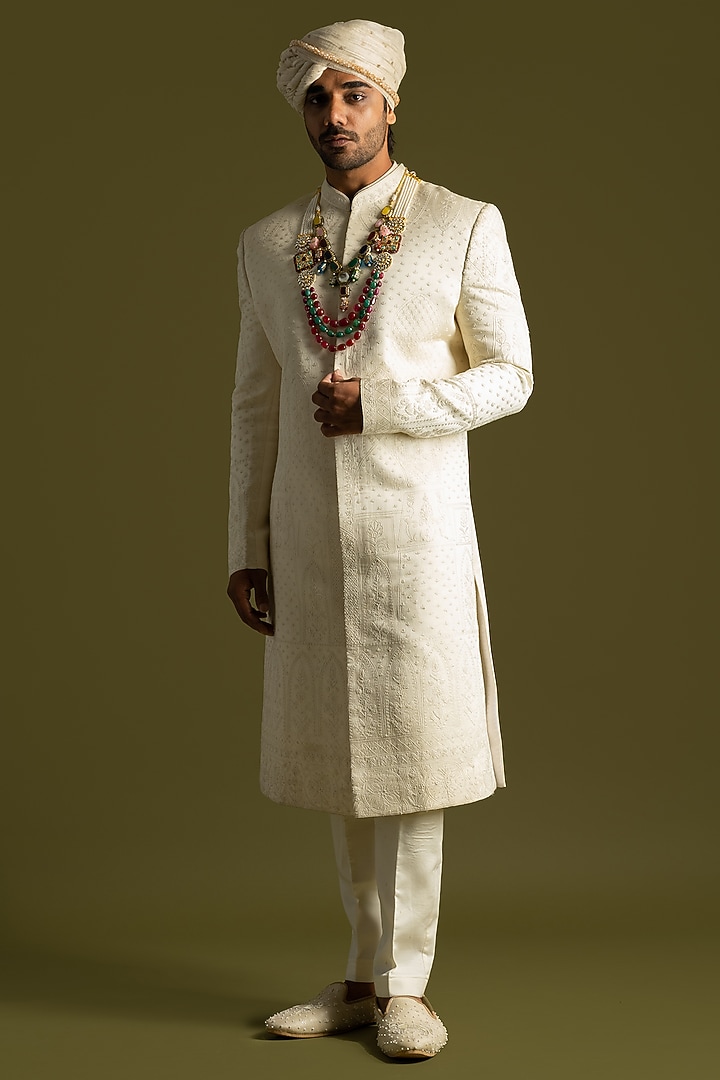 Ivory Linen Satin Thread Embroidered Groom Sherwani Set by PAARSH at Pernia's Pop Up Shop