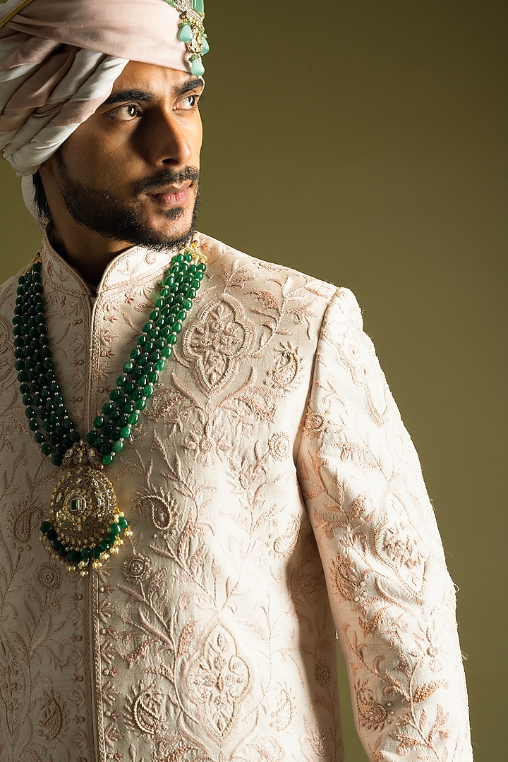 Powder Pink Raw Silk Thread Embroidered Groom Sherwani Set by PAARSH at Pernia's Pop Up Shop