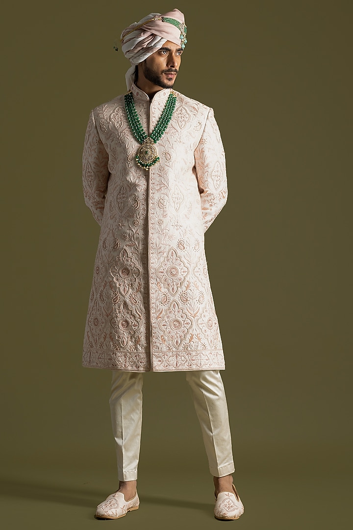 Powder Pink Raw Silk Thread Embroidered Groom Sherwani Set by PAARSH at Pernia's Pop Up Shop