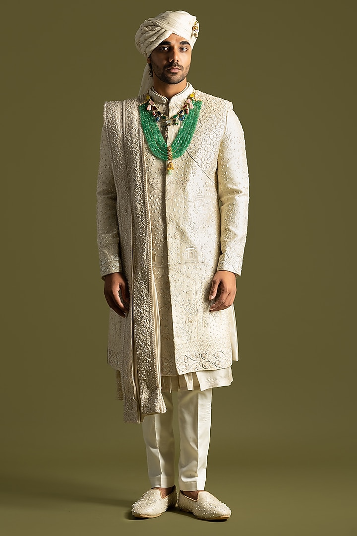 Beige Bemberg Silk Thread & Sequins Embroidered Groom Sherwani Set by PAARSH at Pernia's Pop Up Shop