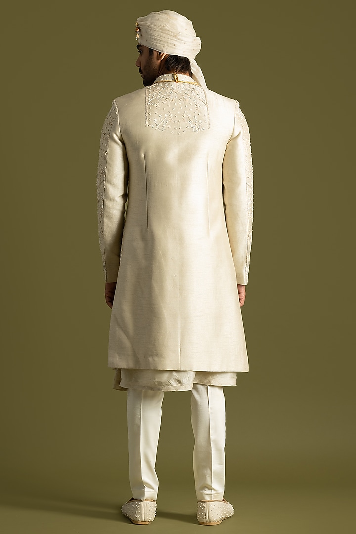Beige Bemberg Silk Thread & Sequins Embroidered Groom Sherwani Set by PAARSH at Pernia's Pop Up Shop