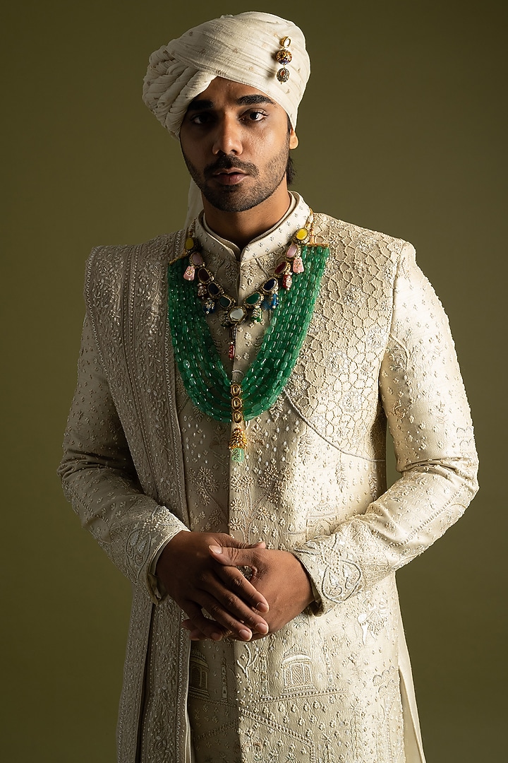 Beige Bemberg Silk Thread & Sequins Embroidered Groom Sherwani Set by PAARSH at Pernia's Pop Up Shop