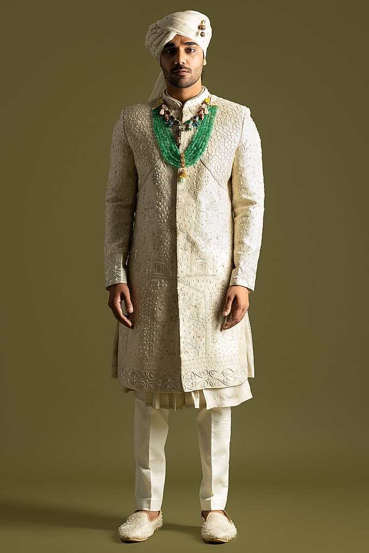 Beige Bemberg Silk Thread & Sequins Embroidered Groom Sherwani Set by PAARSH at Pernia's Pop Up Shop