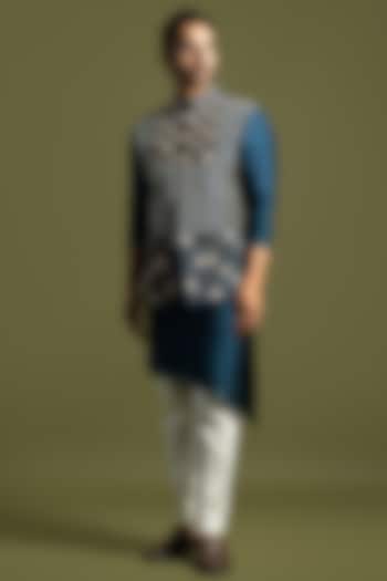 Teal Bemberg Silk & Cotton Chirwork Nehru Jacket Set by PAARSH