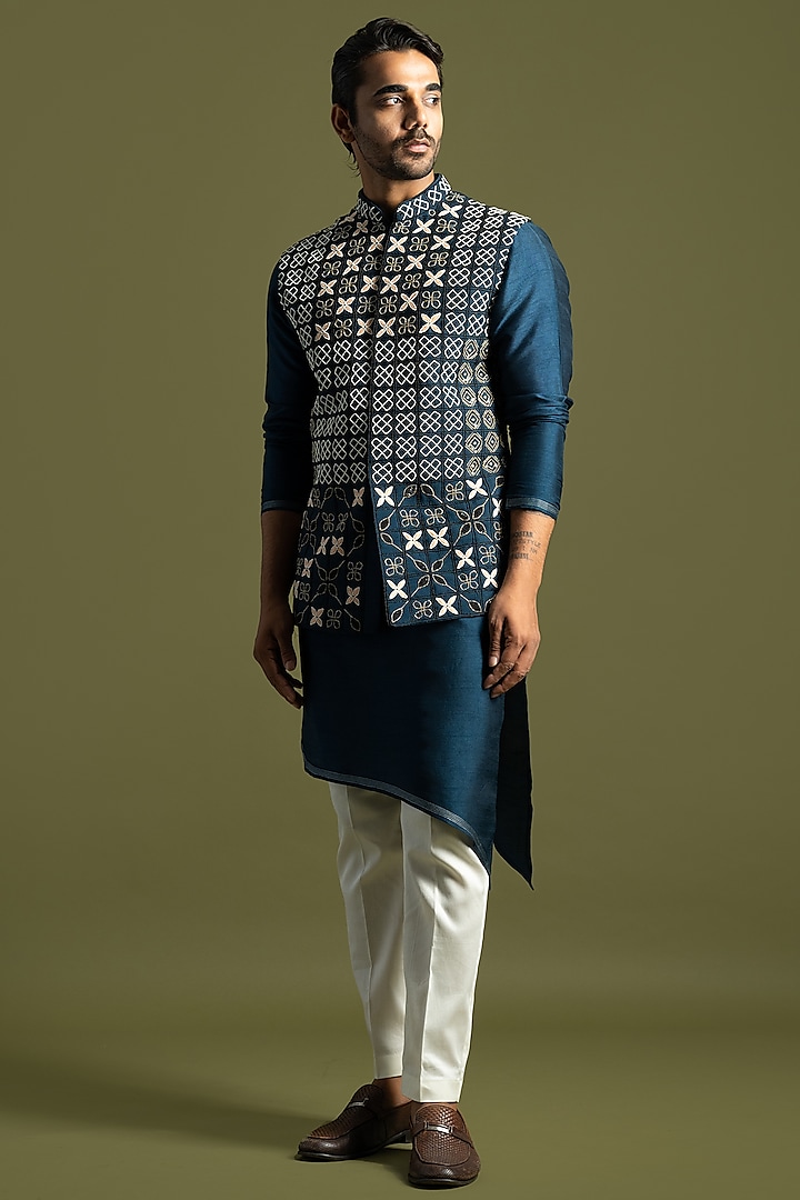 Teal Bemberg Silk & Cotton Chirwork Nehru Jacket Set by PAARSH