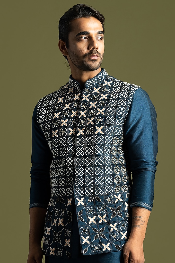 Teal Bemberg Silk & Cotton Chirwork Nehru Jacket Set by PAARSH at Pernia's Pop Up Shop