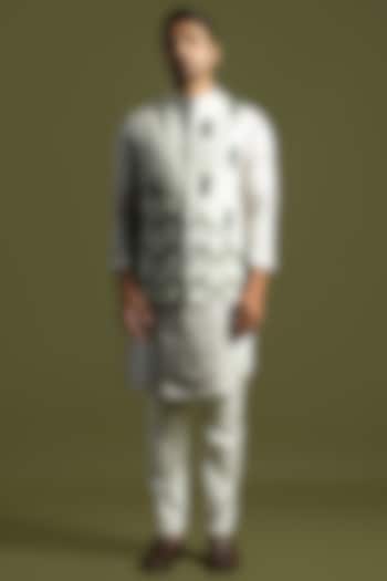 Oyster Grey Bemberg Silk Thread Work Nehru Jacket Set by PAARSH