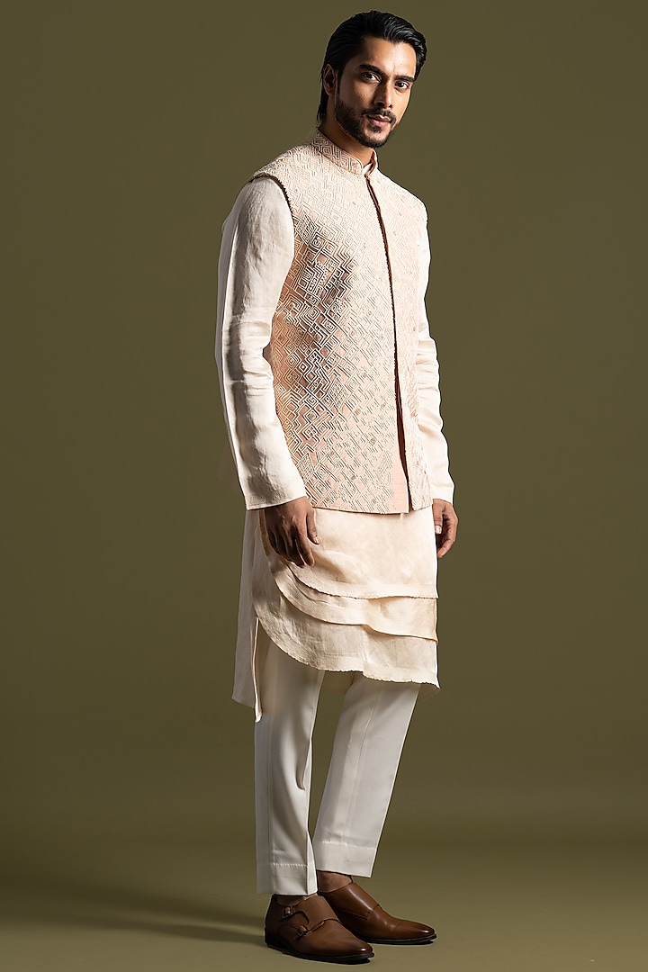 Peach Bemberg Silk Chirwork Nehru Jacket Set by PAARSH