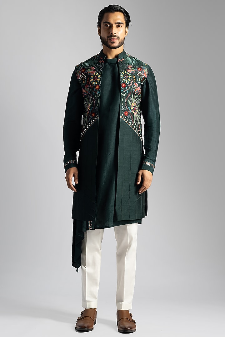 Emerald Green Bemberg Silk Thread Embroidered Wedding Indowestern Set by PAARSH at Pernia's Pop Up Shop