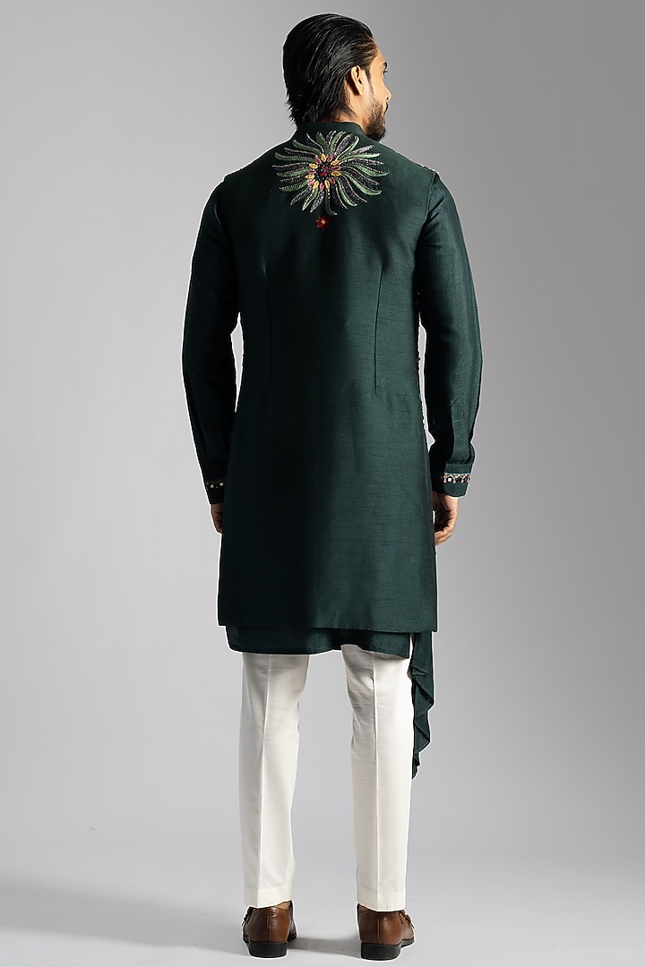 Emerald Green Bemberg Silk Thread Embroidered Wedding Indowestern Set by PAARSH at Pernia's Pop Up Shop
