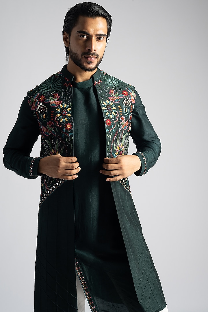 Emerald Green Bemberg Silk Thread Embroidered Wedding Indowestern Set by PAARSH at Pernia's Pop Up Shop