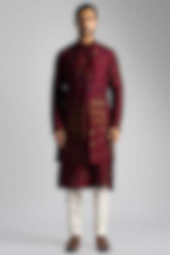 Deep Red Bemberg Silk & Cotton Embroidered Wedding Indowestern Set by PAARSH at Pernia's Pop Up Shop