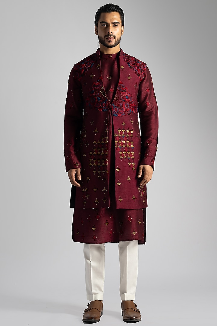 Deep Red Bemberg Silk & Cotton Embroidered Wedding Indowestern Set by PAARSH at Pernia's Pop Up Shop