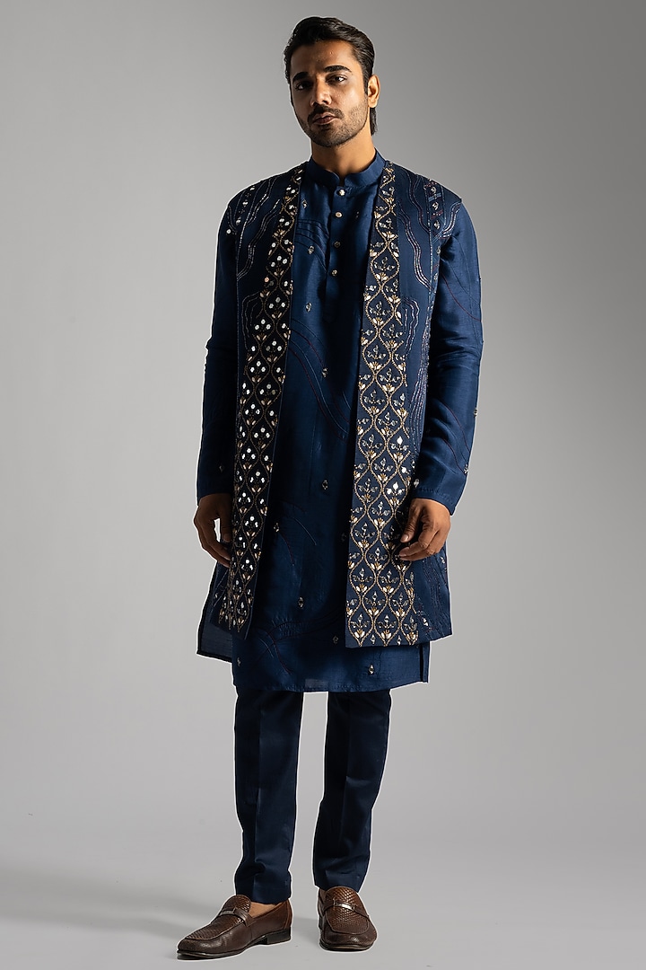Blue Bemberg Silk & Cotton Thread Embroidered Wedding Indowestern Set by PAARSH at Pernia's Pop Up Shop
