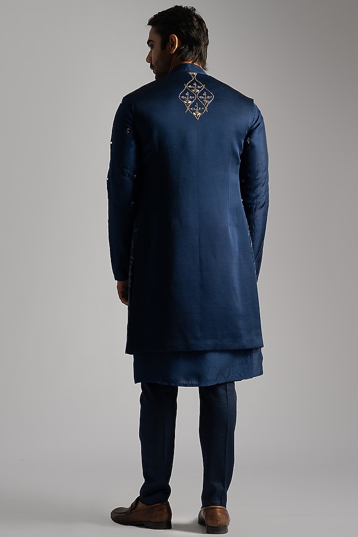 Blue Bemberg Silk & Cotton Thread Embroidered Wedding Indowestern Set by PAARSH at Pernia's Pop Up Shop