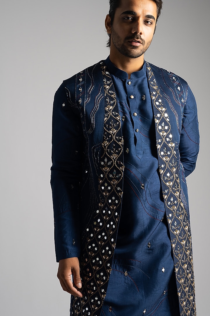 Blue Bemberg Silk & Cotton Thread Embroidered Wedding Indowestern Set by PAARSH at Pernia's Pop Up Shop